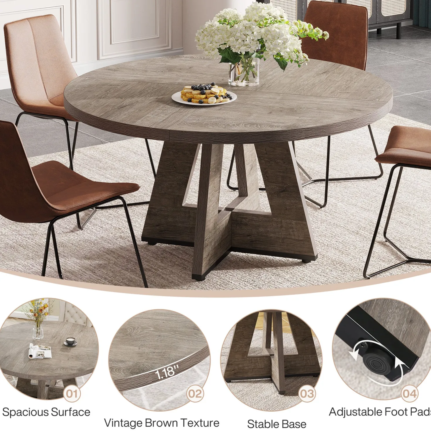 47" Round Farmhouse Dining Table for 4 People, Rustic Dining Room Table