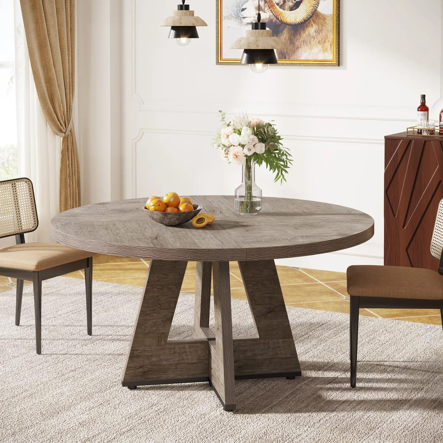 47" Round Farmhouse Dining Table for 4 People, Rustic Dining Room Table