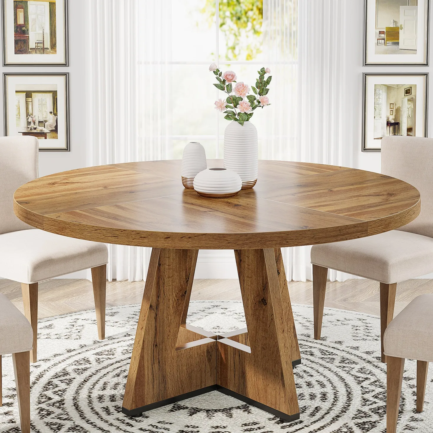 47" Round Farmhouse Dining Table for 4 People, Rustic Dining Room Table