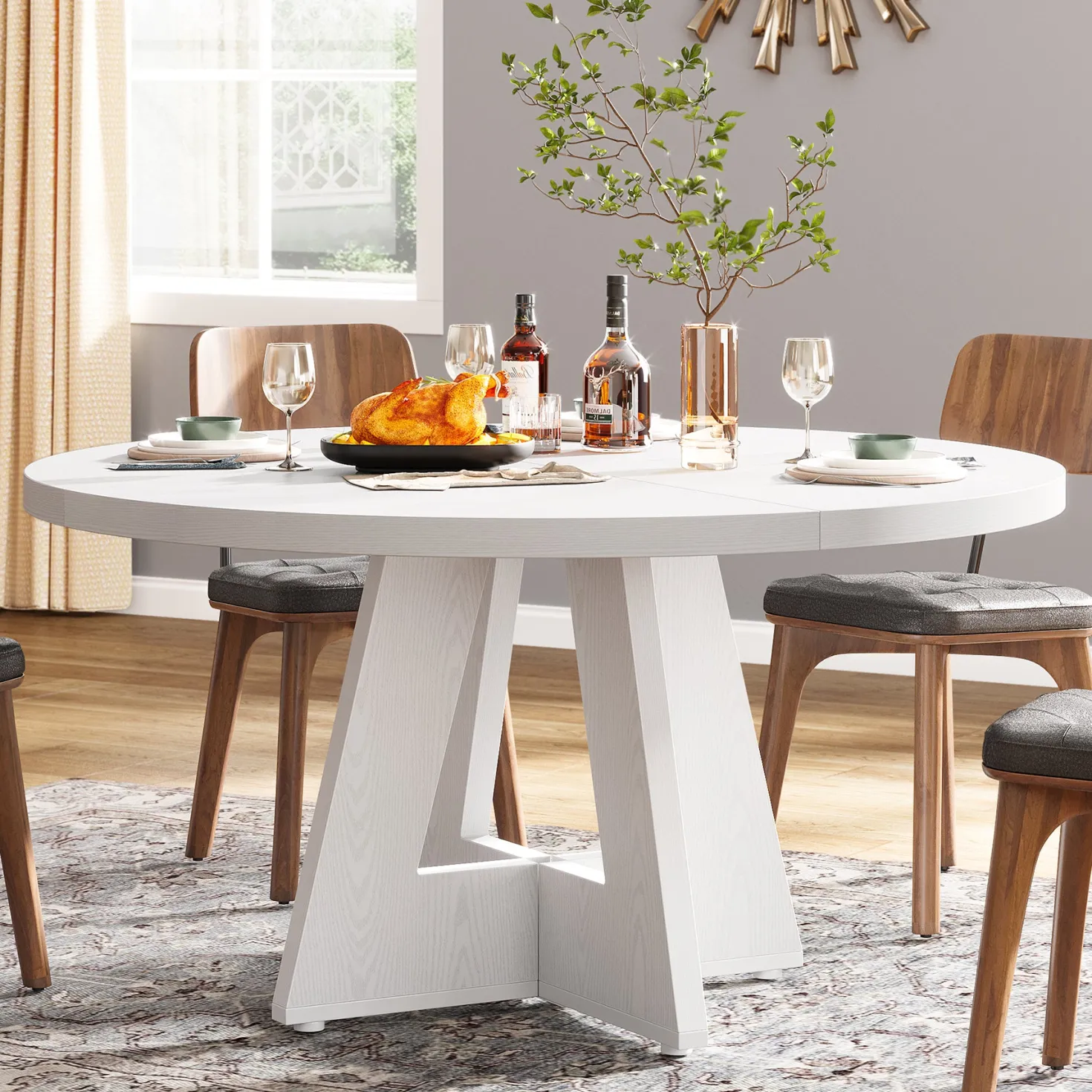 47" Round Farmhouse Dining Table for 4 People, Rustic Dining Room Table