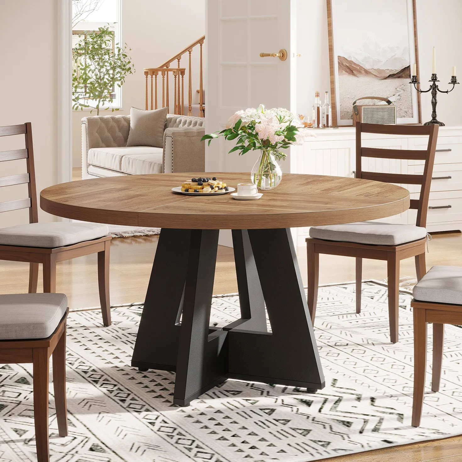 47" Round Farmhouse Dining Table for 4 People, Rustic Dining Room Table