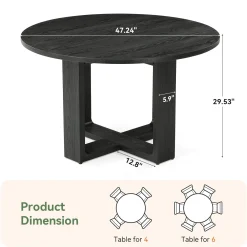 47.24" Round Solid Wood Dining Table, Black Kitchen Table for 4–6 with Cross-Shaped Base