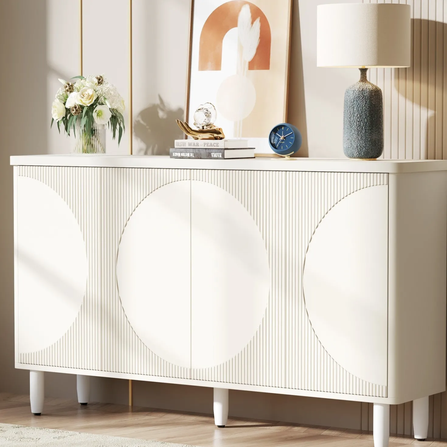 59.4" Sideboard Buffet, White Credenza Storage Cabinet with Doors