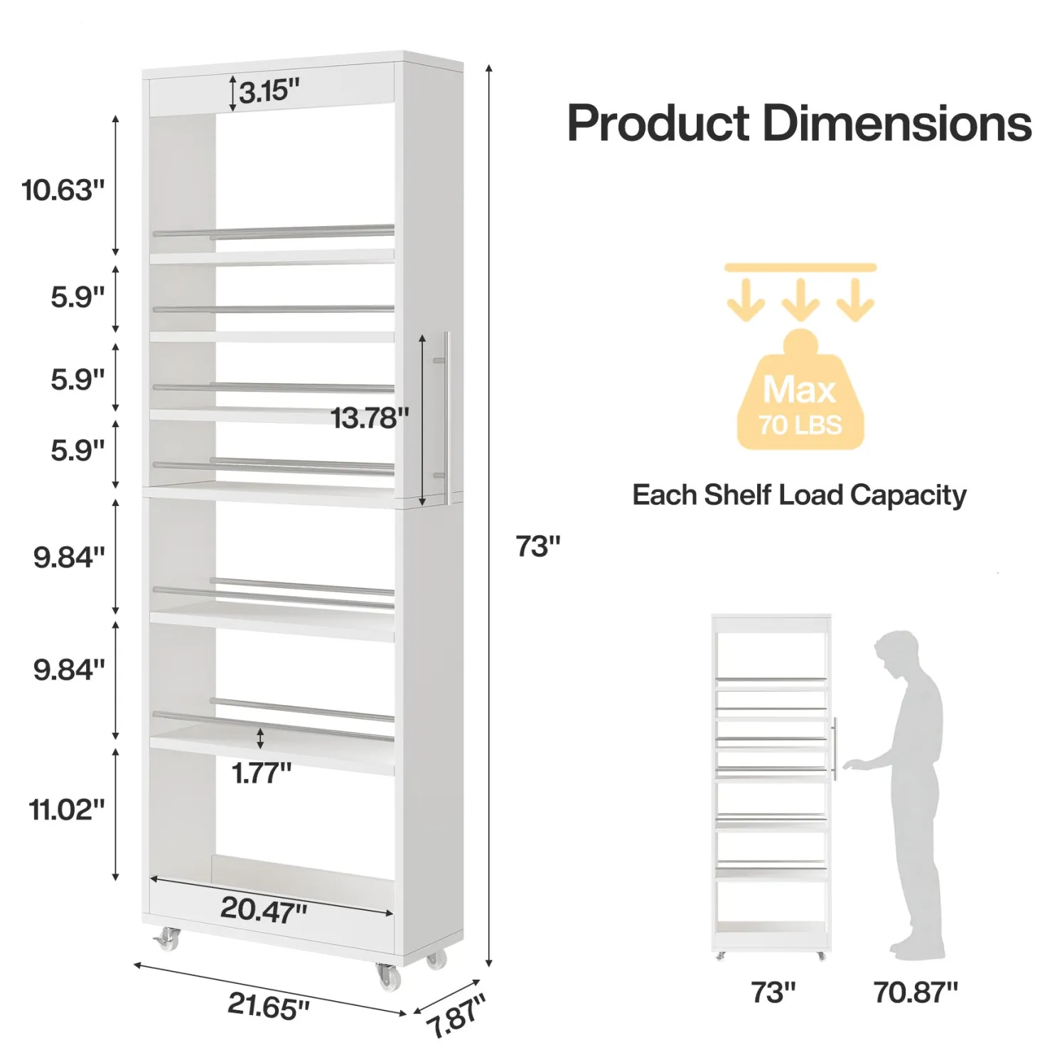 73" Slim Storage Cart on Wheels, 7-Tier Narrow Pantry Rack Cabinet Organizer