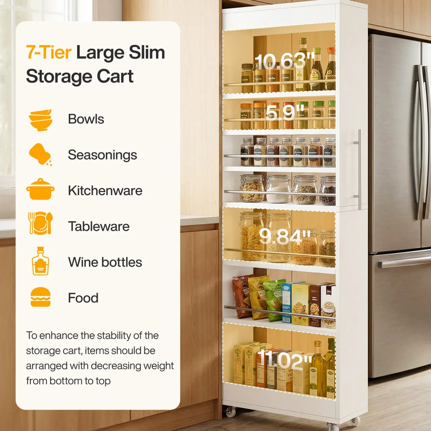 73" Slim Storage Cart on Wheels, 7-Tier Narrow Pantry Rack Cabinet Organizer