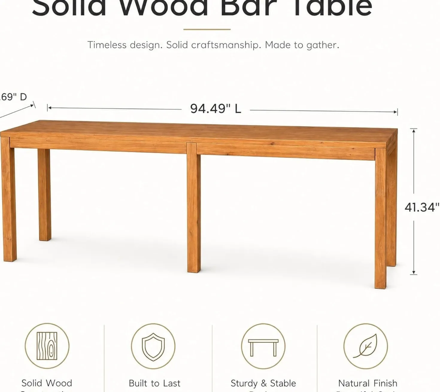 95" Solid Wood Bar Height Table, Rustic Counter Height Dining Table for Kitchen