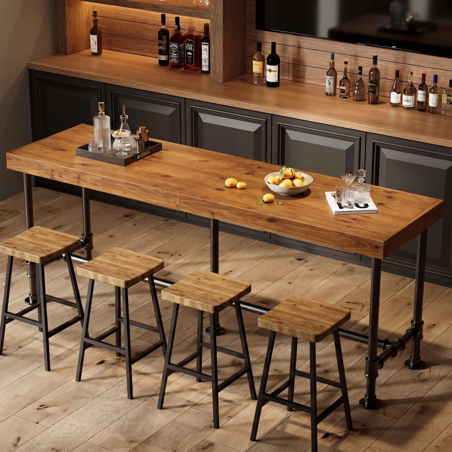 70.87" Solid Wood Bar Table for 6-8 People, Industrial Counter Height Pub Table