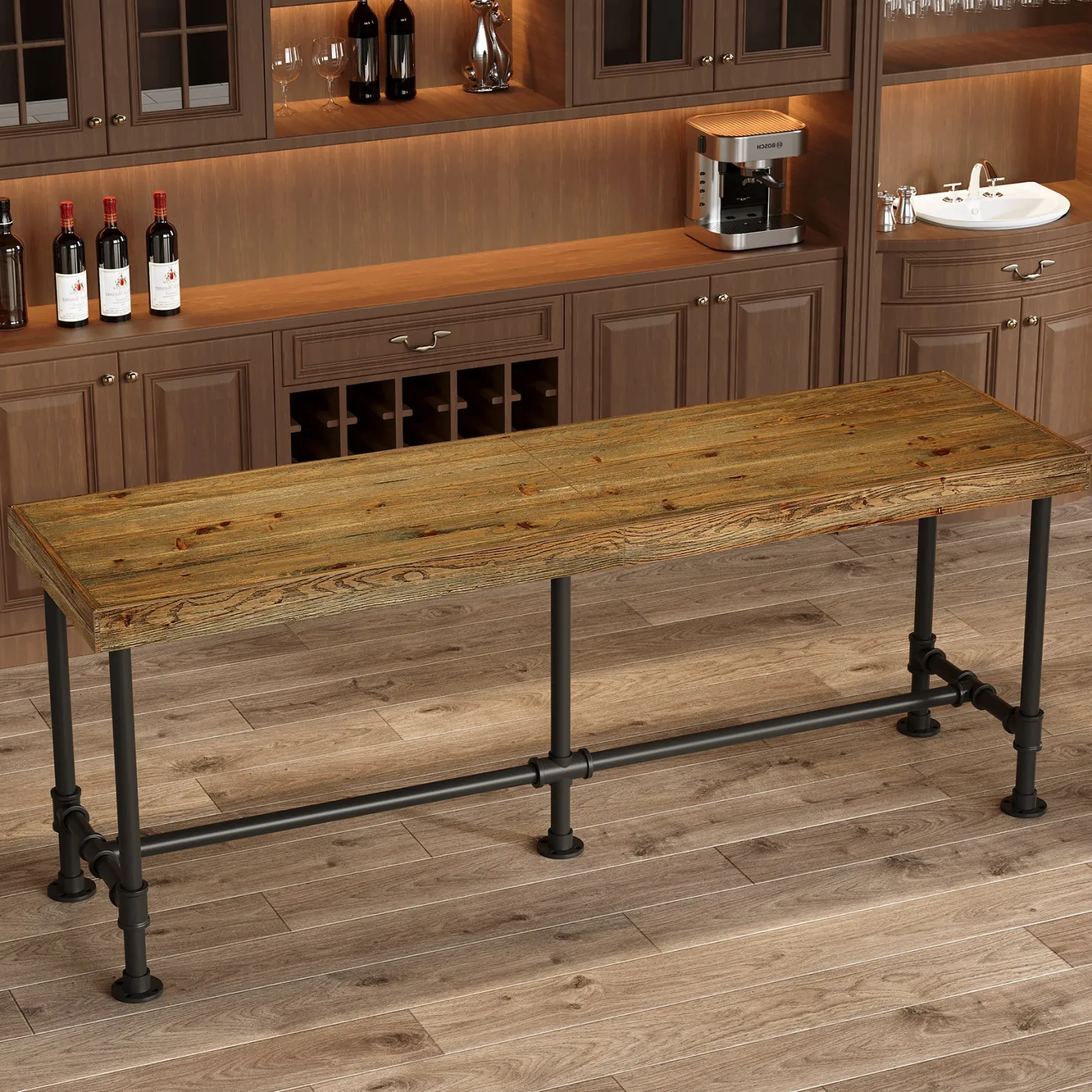 70.87" Solid Wood Bar Table for 6-8 People, Industrial Counter Height Pub Table