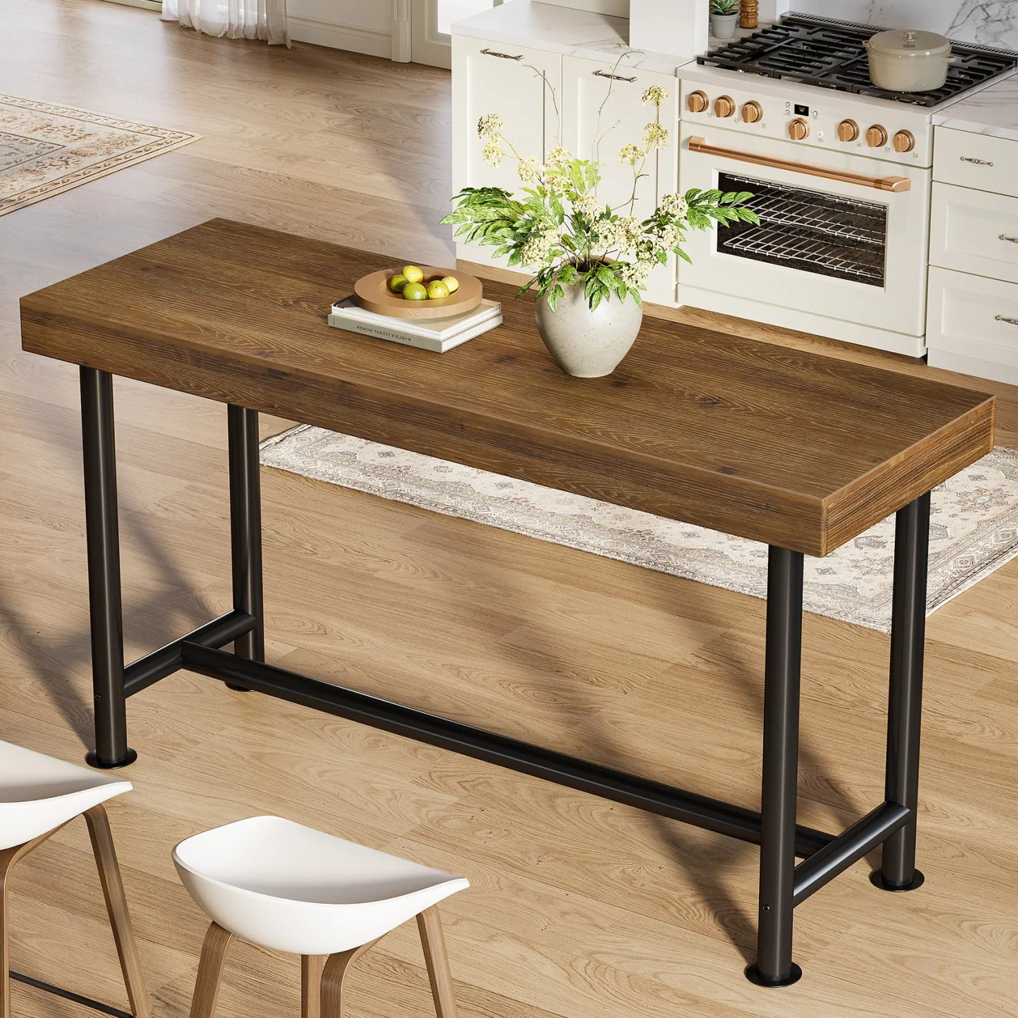 63" Solid Wood Bar Table, Rectangular Counter Height Pub Table with Metal Legs