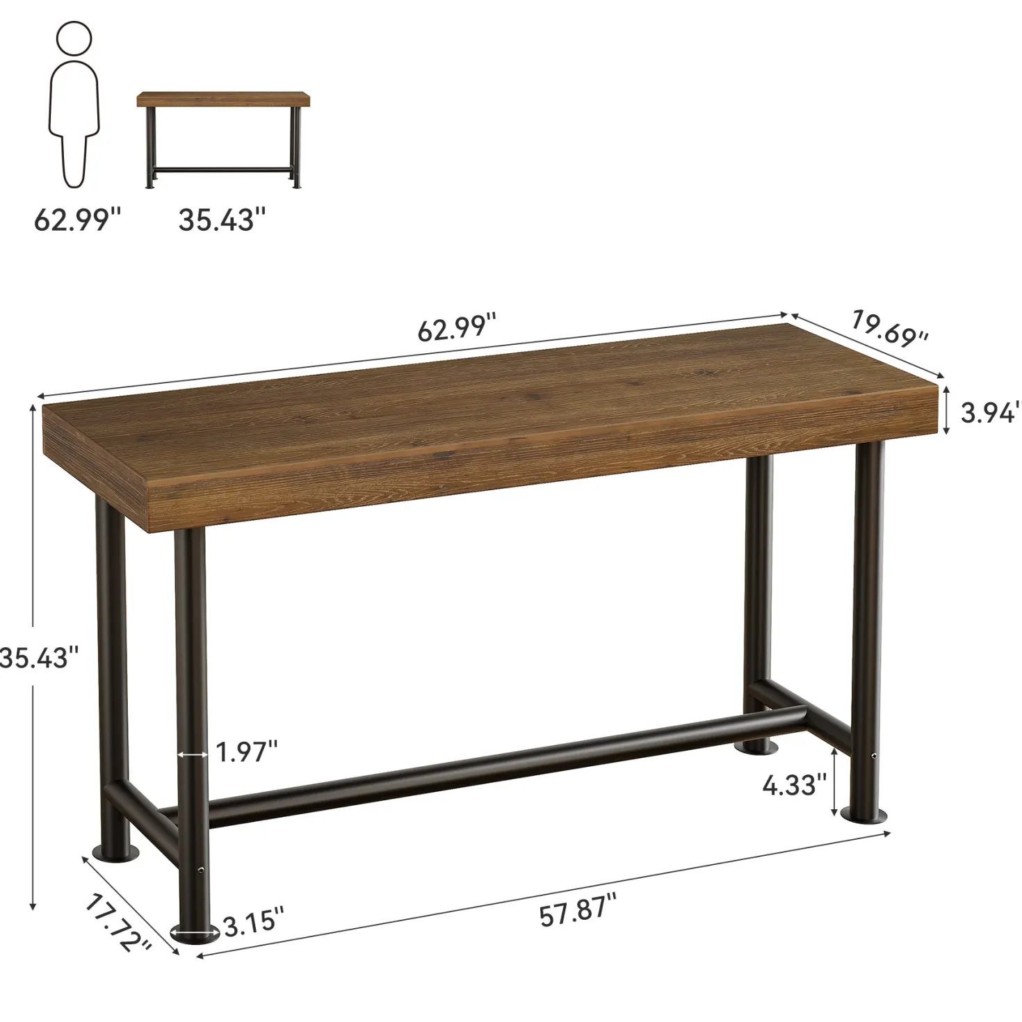 63" Solid Wood Bar Table, Rectangular Counter Height Pub Table with Metal Legs