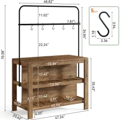 47" Solid Wood Bar Table, 3-Tier Home Bar Unit with Storage Shelves & 5 Hooks
