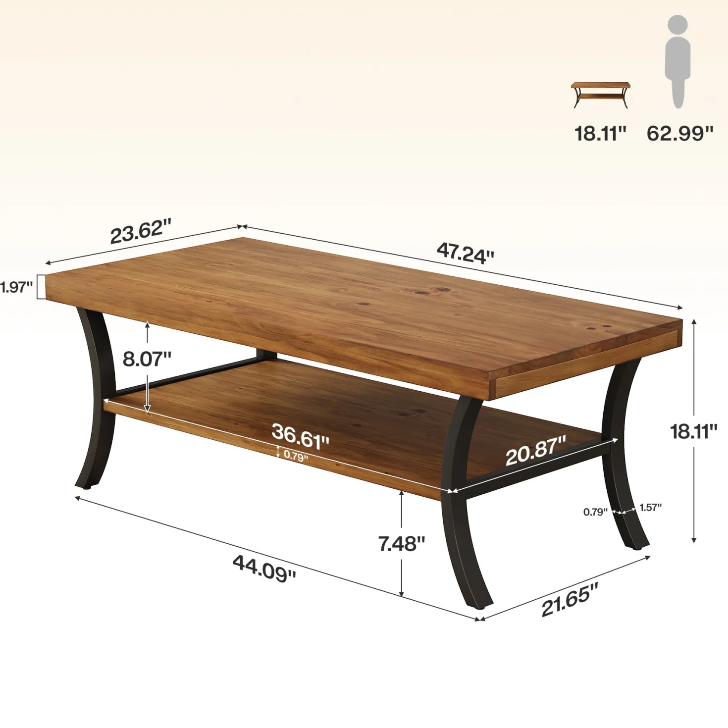 47.24" Solid Wood Coffee Table, 2-Tier Rectangular Center Table with Curved Metal Legs