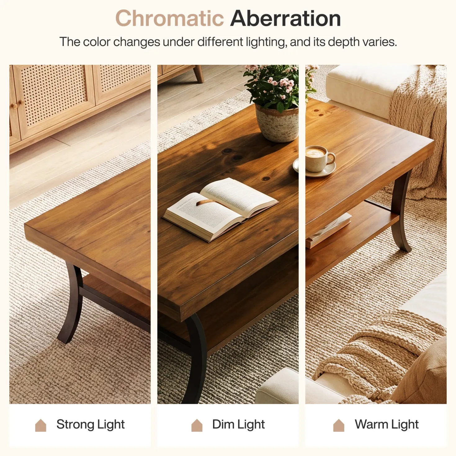 47.24" Solid Wood Coffee Table, 2-Tier Rectangular Center Table with Curved Metal Legs