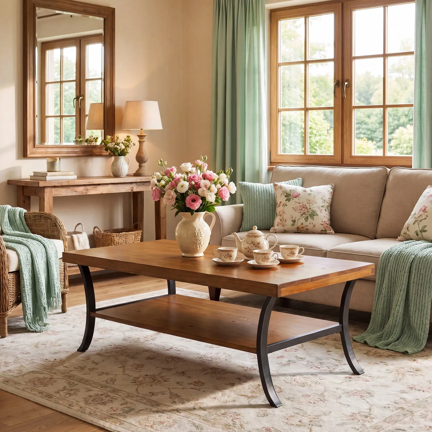47.24" Solid Wood Coffee Table, 2-Tier Rectangular Center Table with Curved Metal Legs