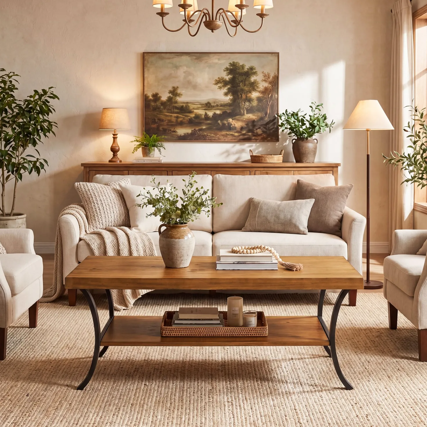 47.24" Solid Wood Coffee Table, 2-Tier Rectangular Center Table with Curved Metal Legs