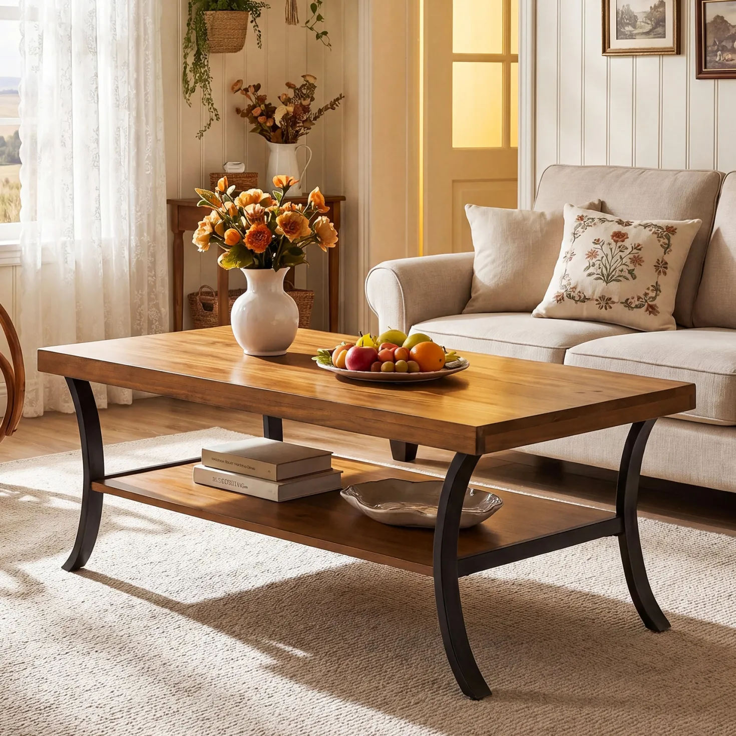 47.24" Solid Wood Coffee Table, 2-Tier Rectangular Center Table with Curved Metal Legs
