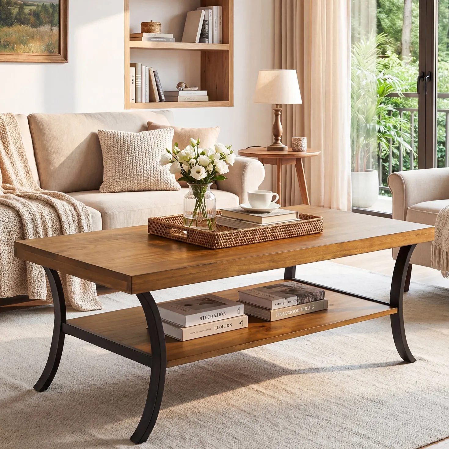 47.24" Solid Wood Coffee Table, 2-Tier Rectangular Center Table with Curved Metal Legs