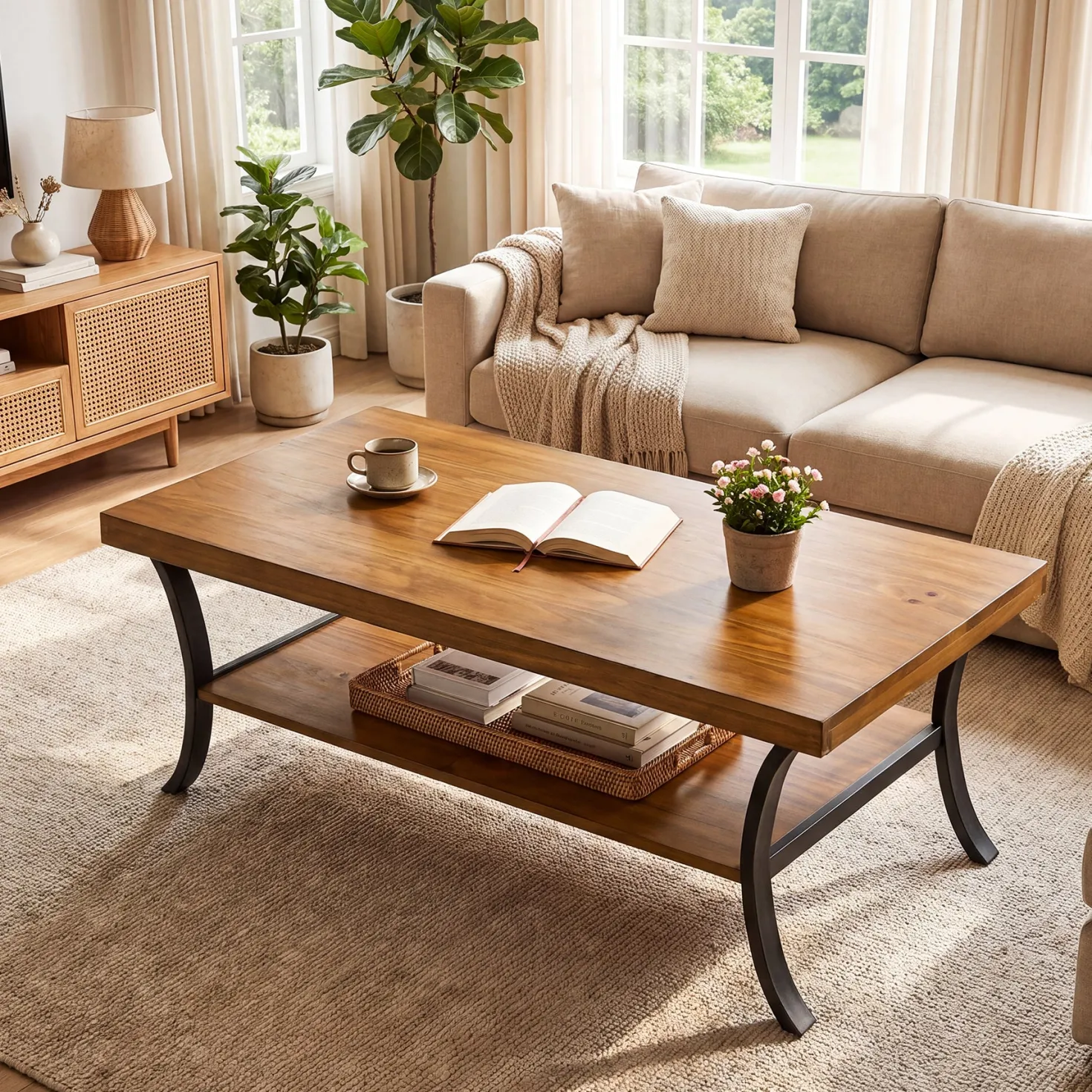 47.24" Solid Wood Coffee Table, 2-Tier Rectangular Center Table with Curved Metal Legs