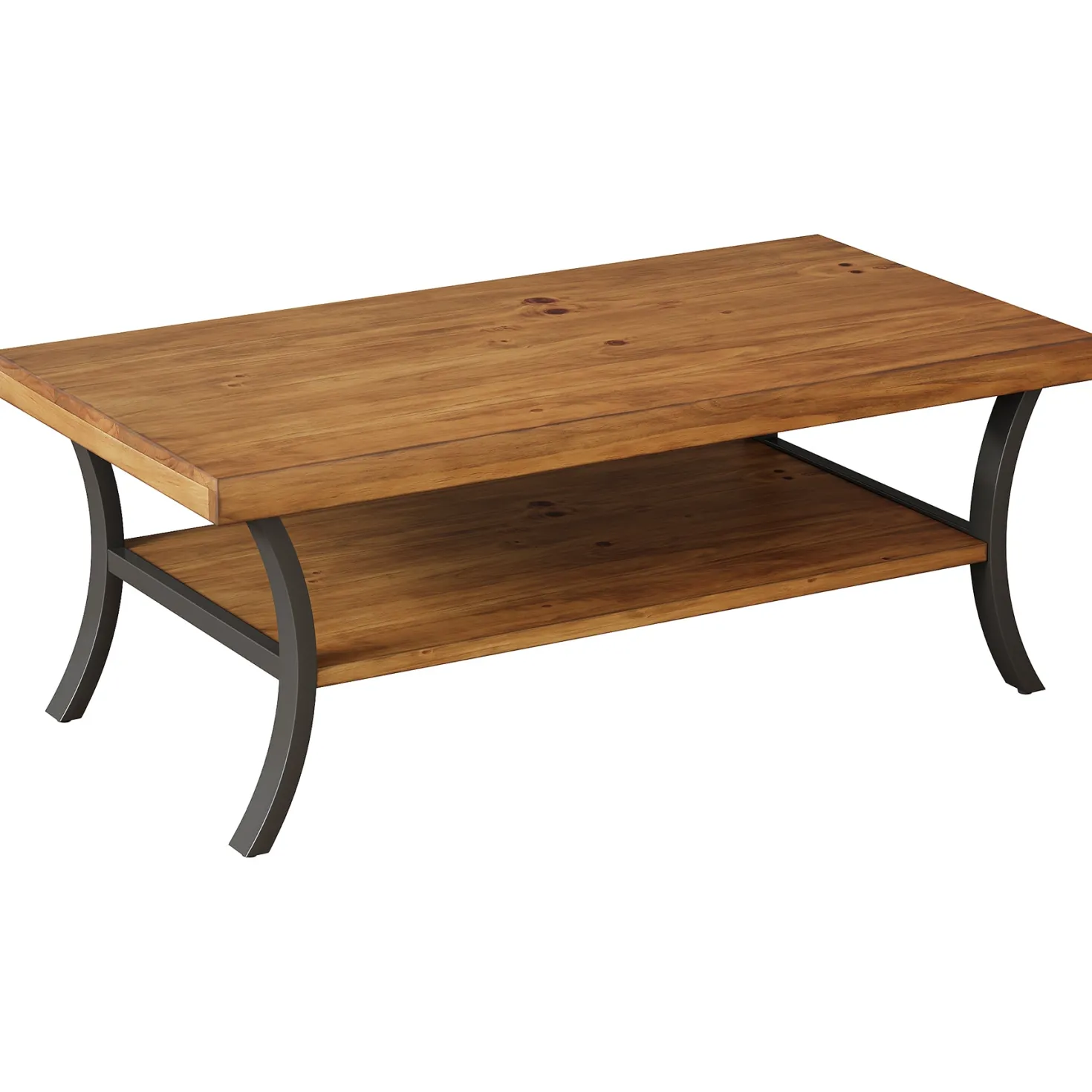 47.24" Solid Wood Coffee Table, 2-Tier Rectangular Center Table with Curved Metal Legs