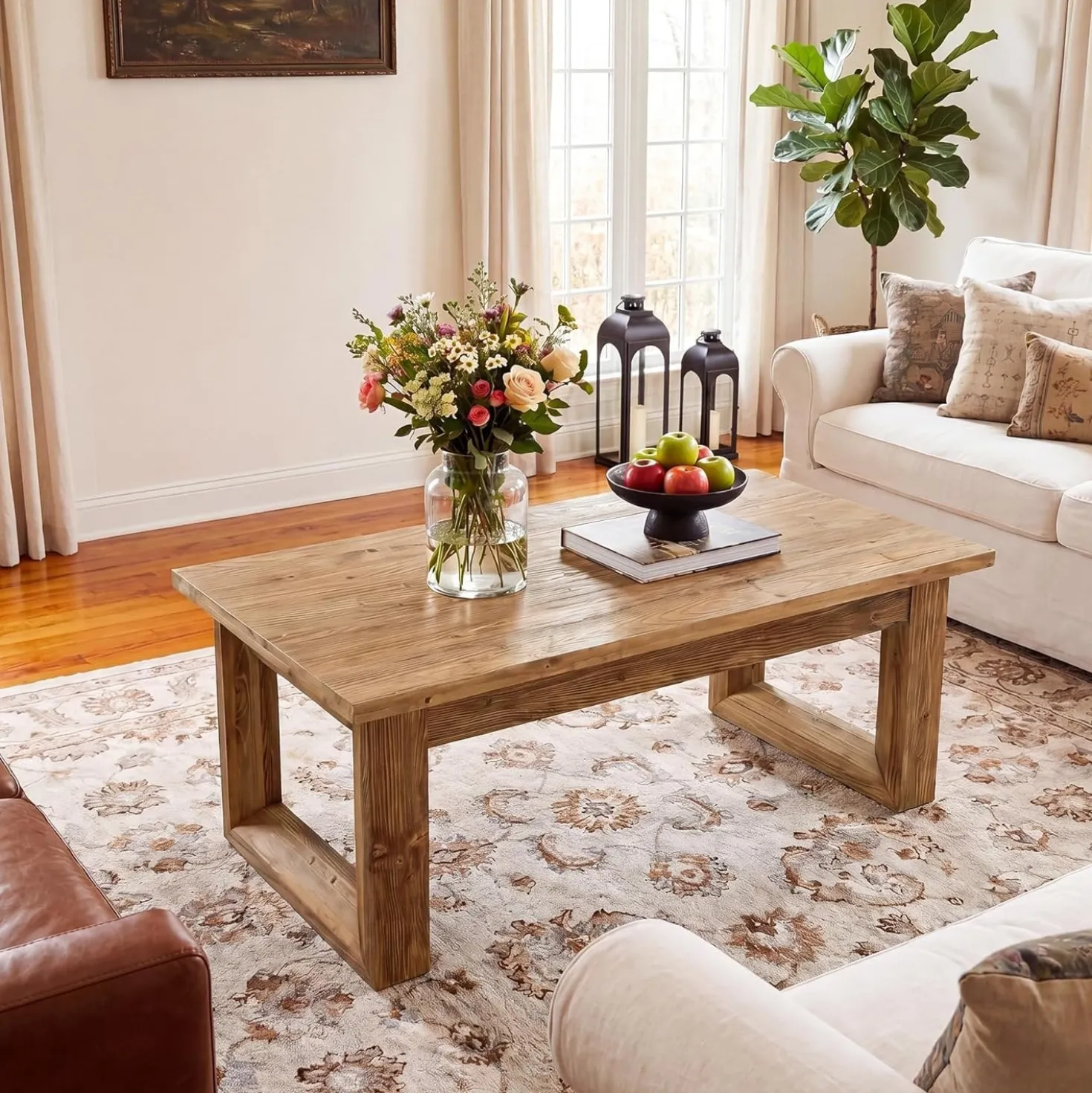 47.2" Solid Wood Coffee Table, Rectangular Accent Center Cocktail Table with U-Shape Legs