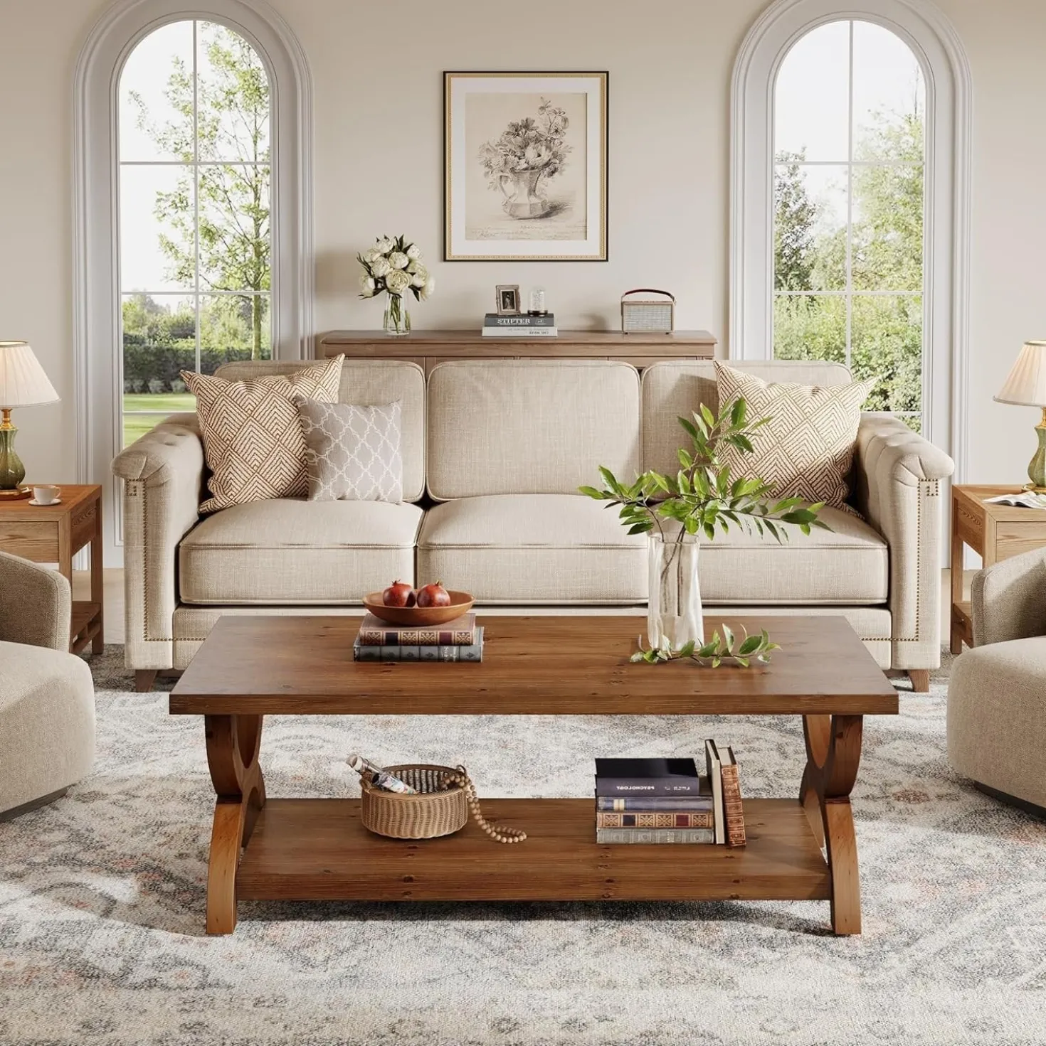47.2" Solid Wood Coffee Tables, Farmhouse Rectangle Center Tea Table with Storage Shelf