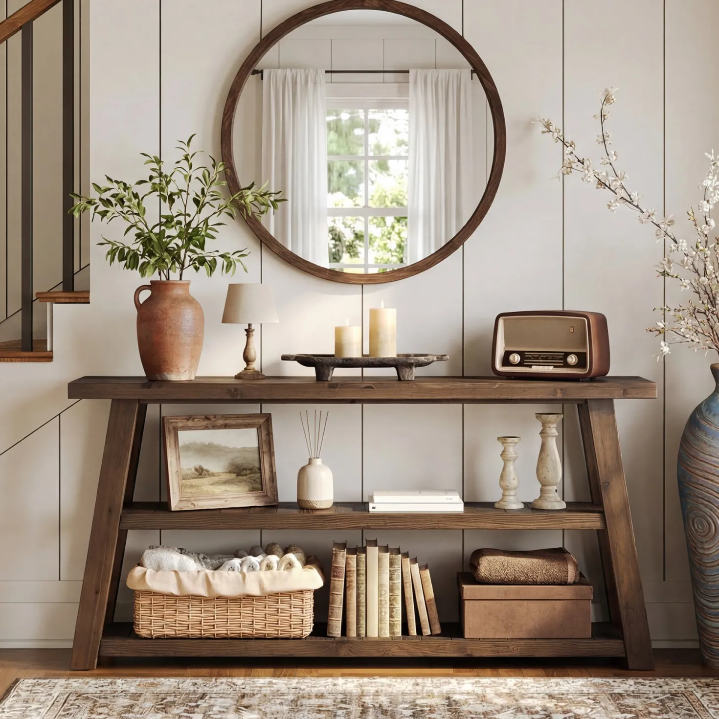 63" Solid Wood Console Table, 3-Tier Farmhouse Entryway Table with Storage Shelves
