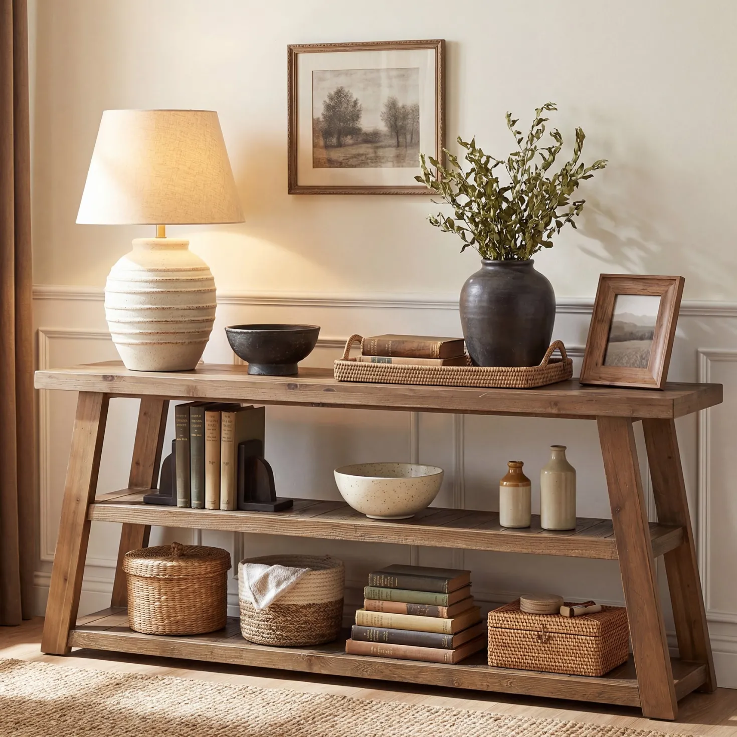 63" Solid Wood Console Table, 3-Tier Farmhouse Entryway Table with Storage Shelves
