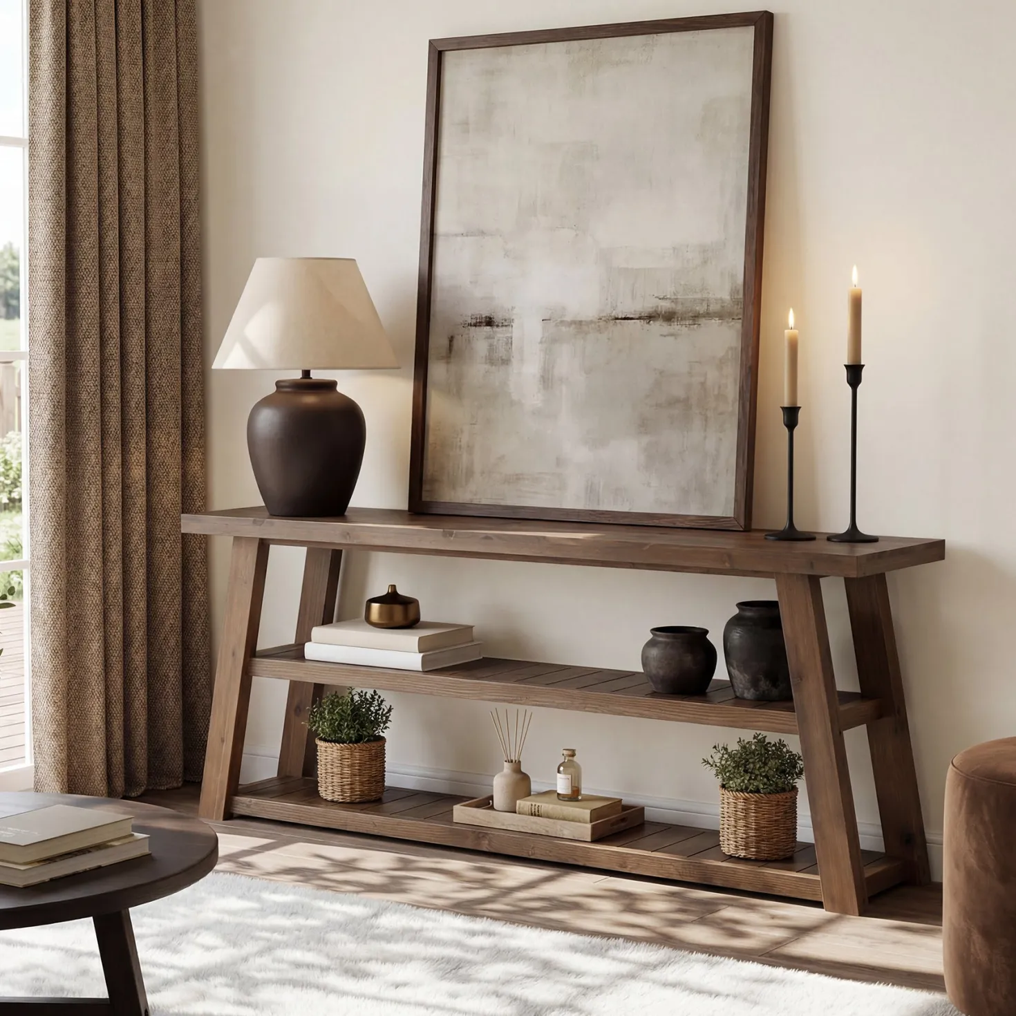 63" Solid Wood Console Table, 3-Tier Farmhouse Entryway Table with Storage Shelves