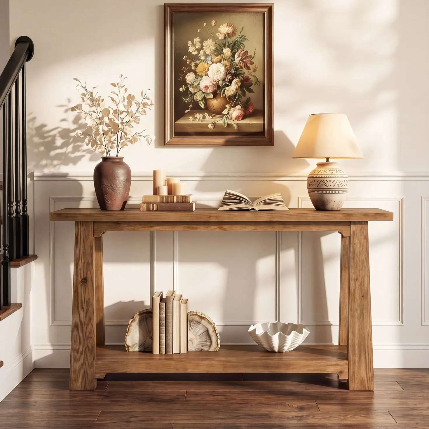 55" Solid Wood Console Table, Farmhouse Entryway Table with Storage Shelf for Hallway