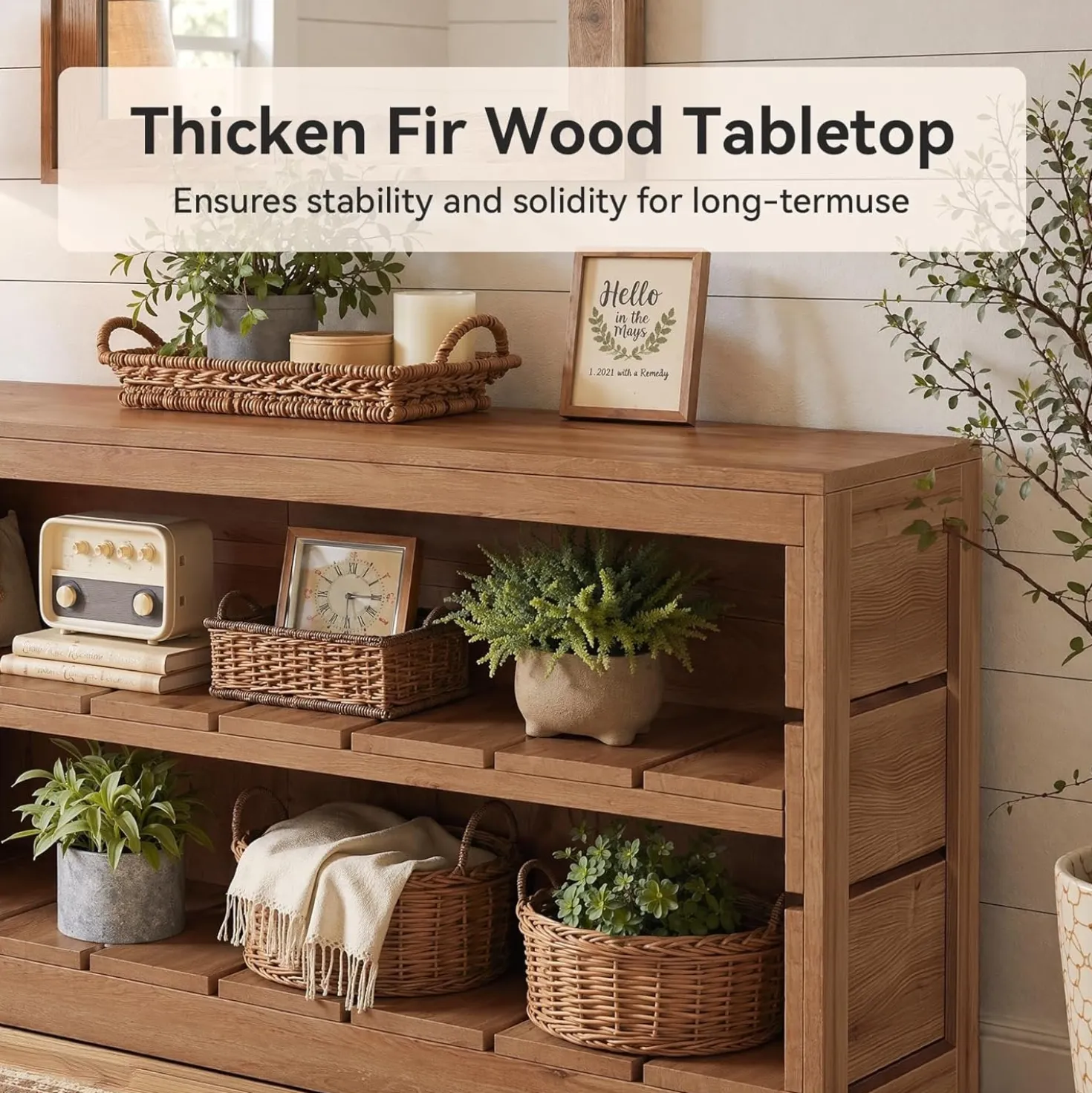 63" Solid Wood Console Table, Rustic 3-Tier Entryway Sofa Table for Hallway