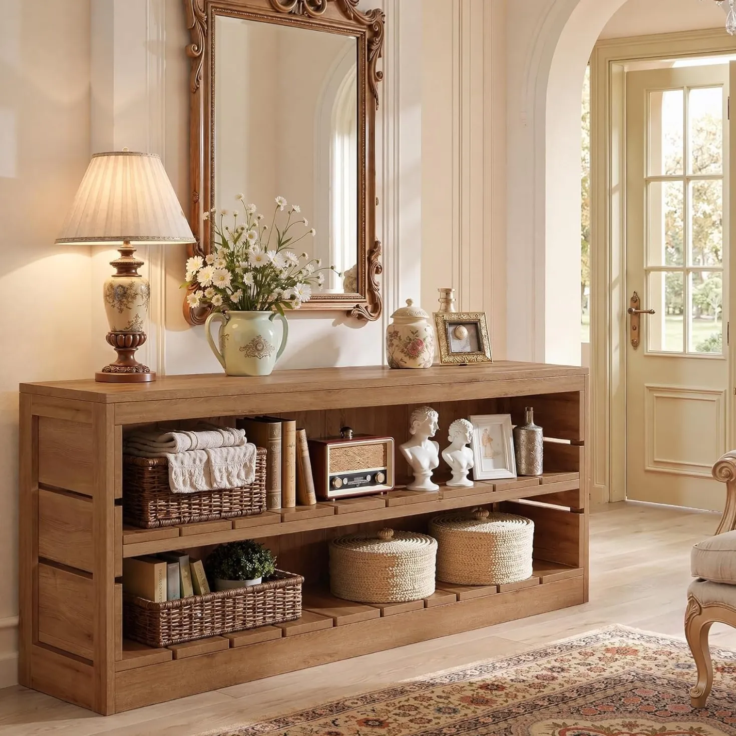 63" Solid Wood Console Table, Rustic 3-Tier Entryway Sofa Table for Hallway