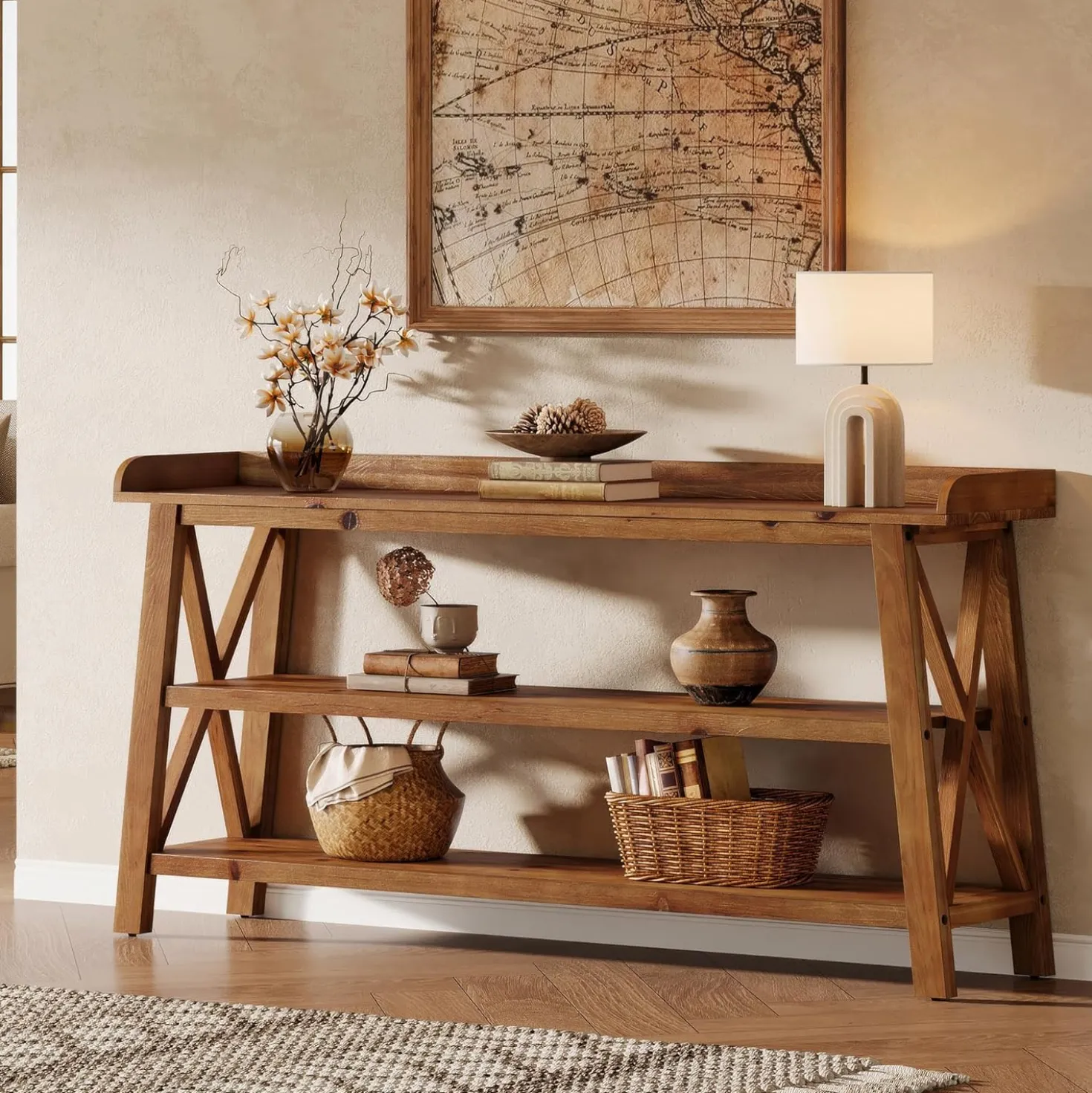63” Solid Wood Console Table with 3-Tier Shelves, Farmhouse Sofa Table