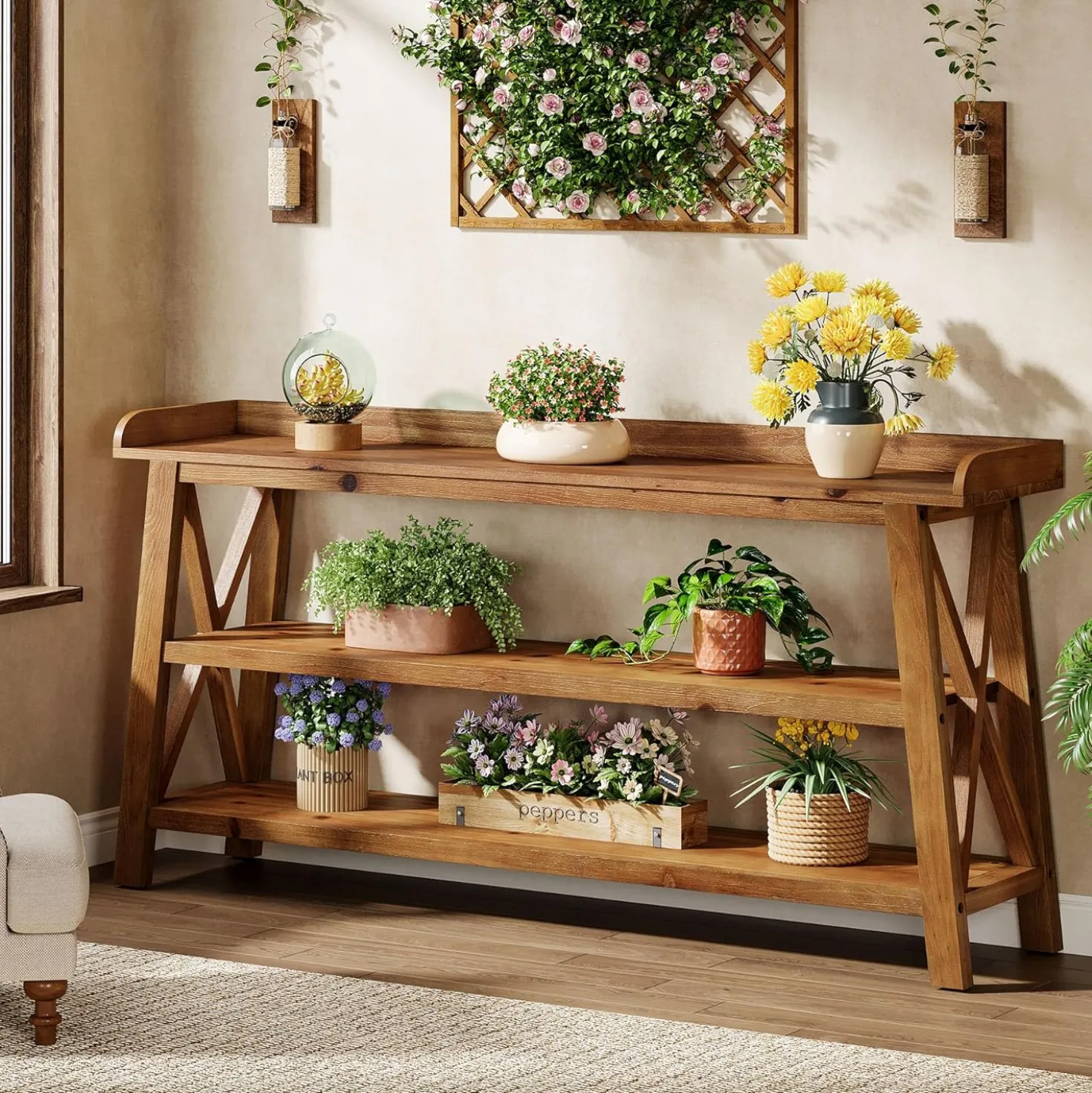 63” Solid Wood Console Table with 3-Tier Shelves, Farmhouse Sofa Table