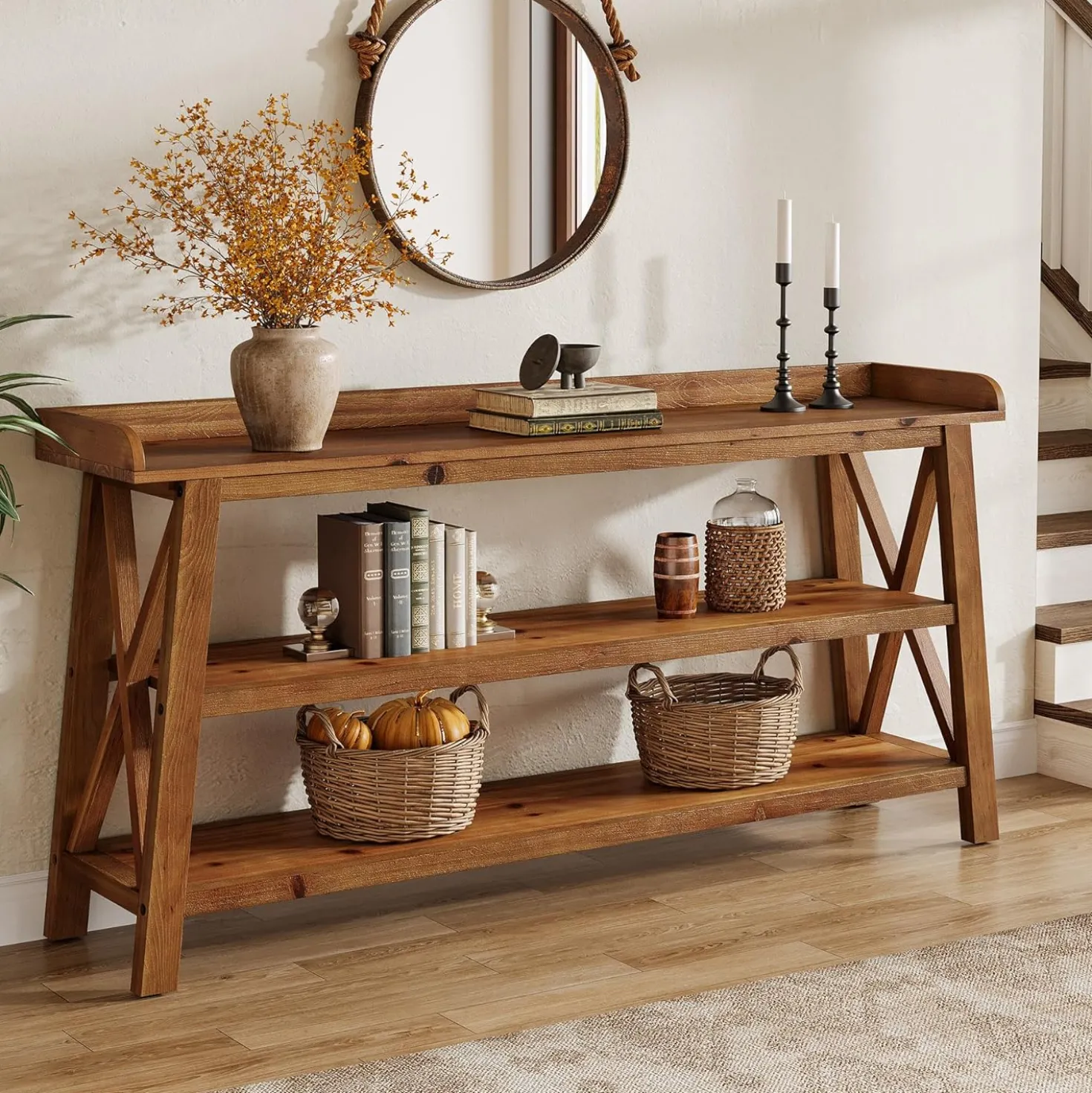 63” Solid Wood Console Table with 3-Tier Shelves, Farmhouse Sofa Table