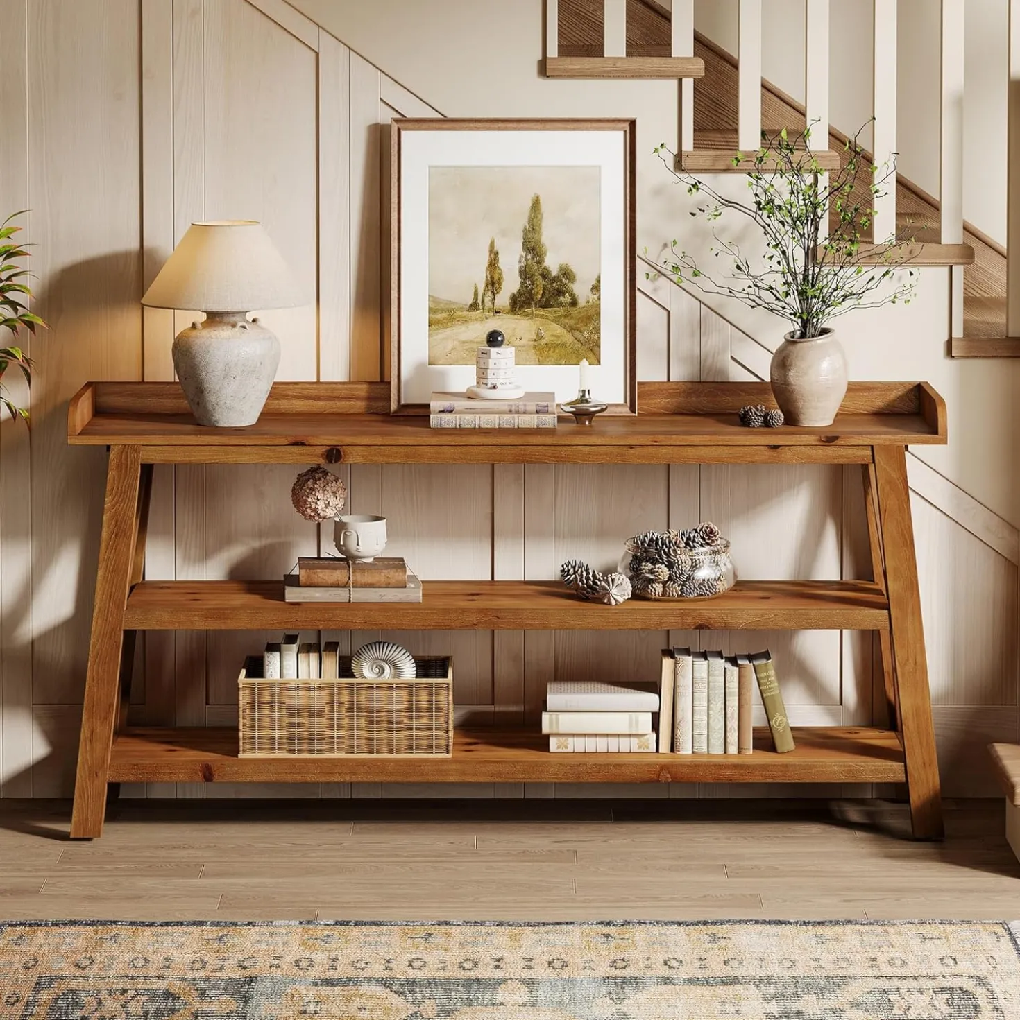63” Solid Wood Console Table with 3-Tier Shelves, Farmhouse Sofa Table