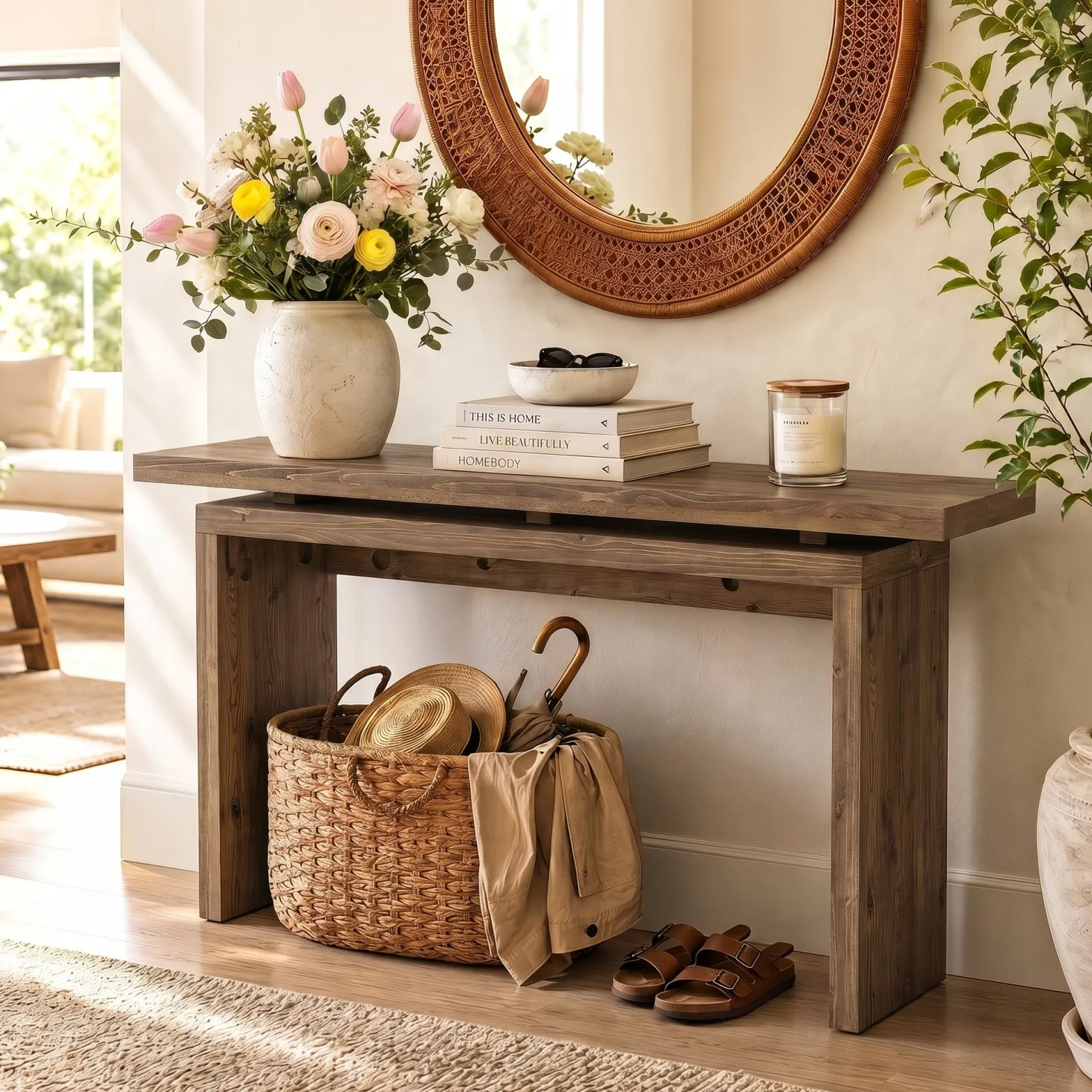 63“ Solid Wood Console Table, Farmhouse Narrow Long Sofa Table Behind the Couch for Living Room