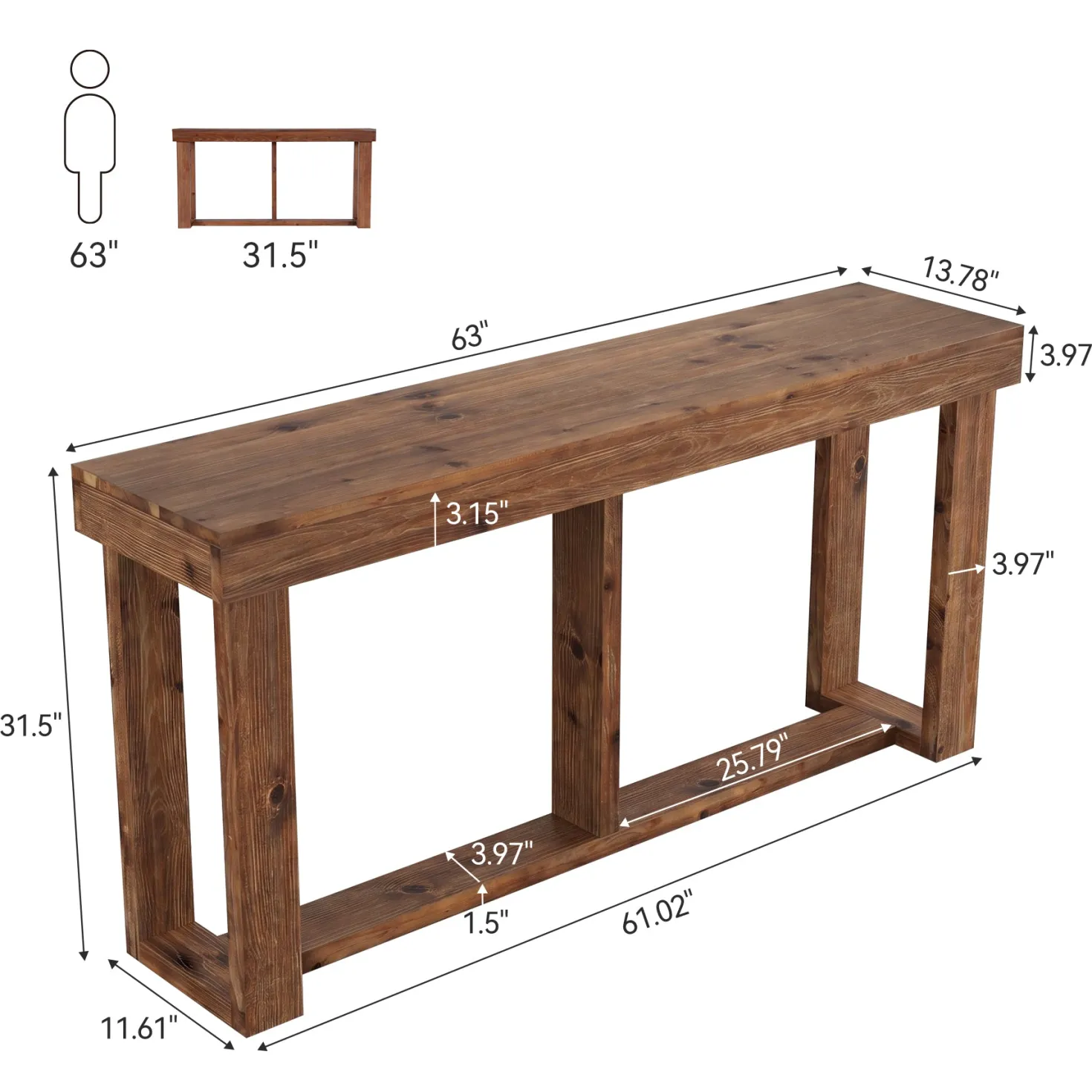 63" Solid Wood Console Table, Farmhouse Sofa Entryway Table for Living Room