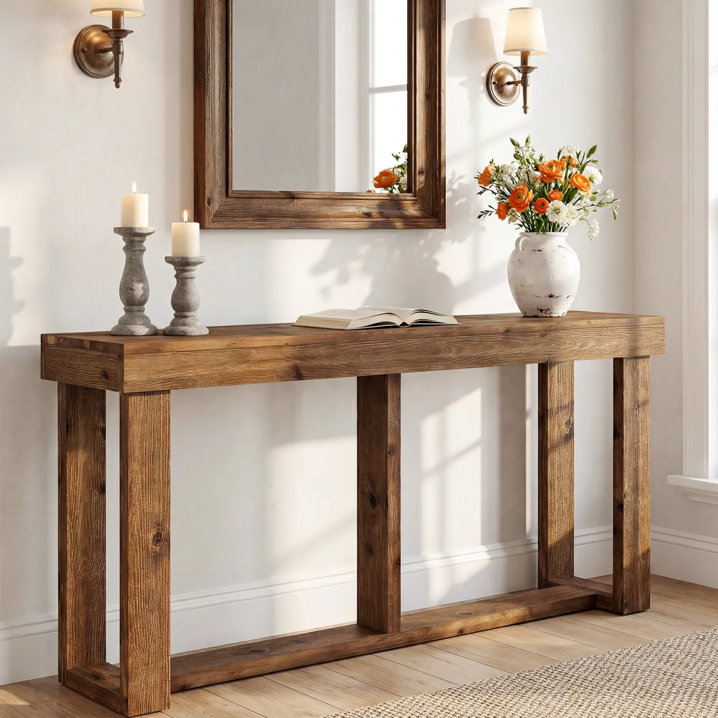 63" Solid Wood Console Table, Farmhouse Sofa Entryway Table for Living Room