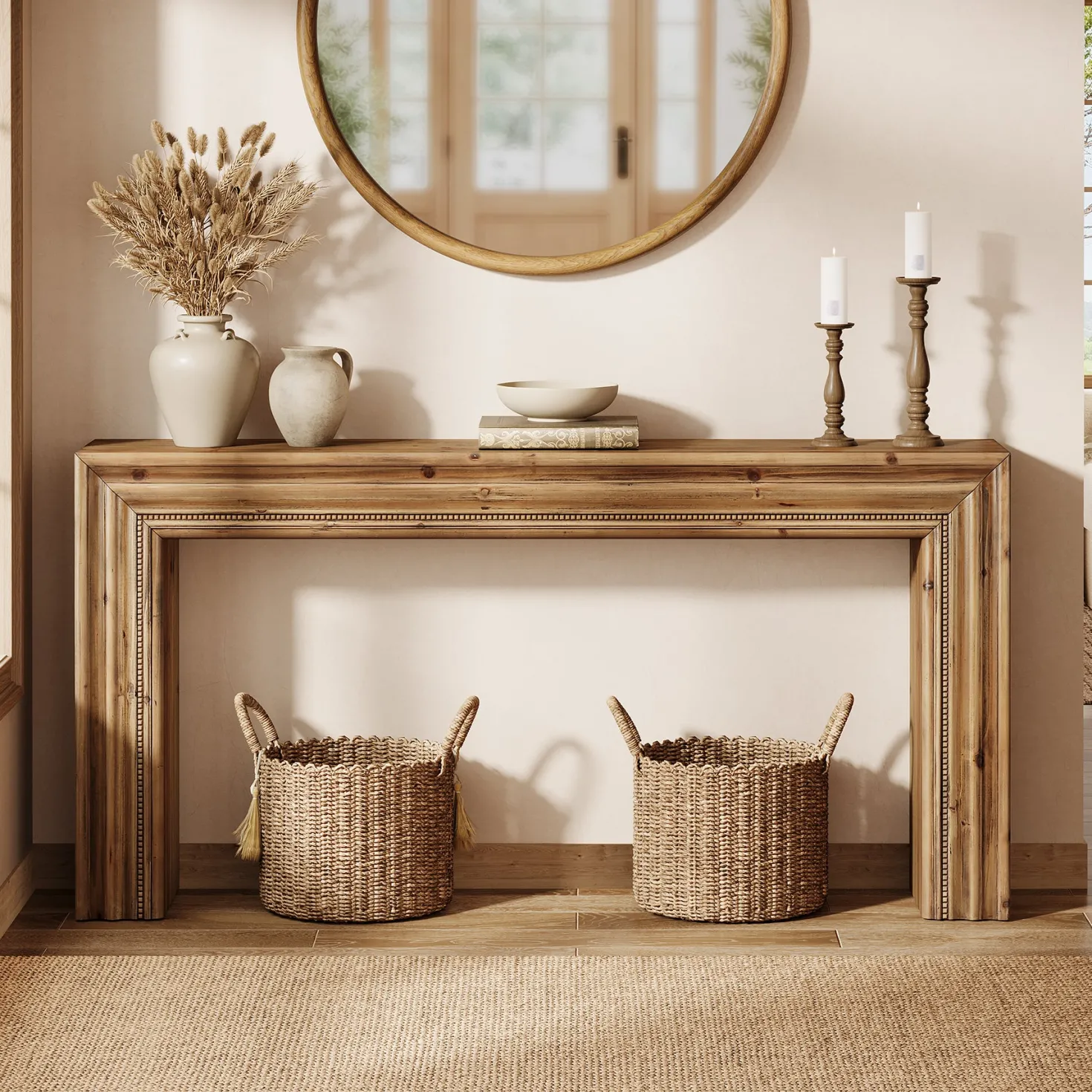 63" Solid Wood Console Table, Narrow Sofa Table Behind Couch with Sculpted Edge