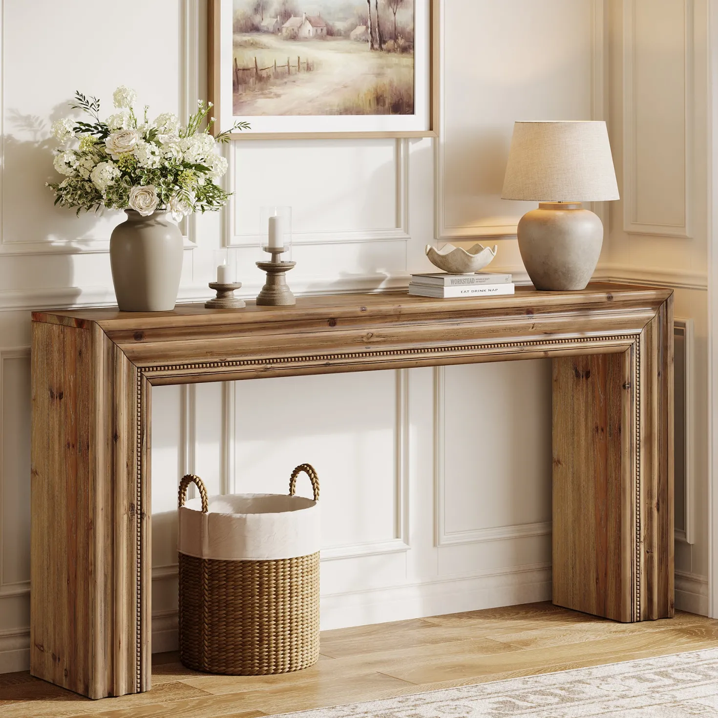 63" Solid Wood Console Table, Narrow Sofa Table Behind Couch with Sculpted Edge