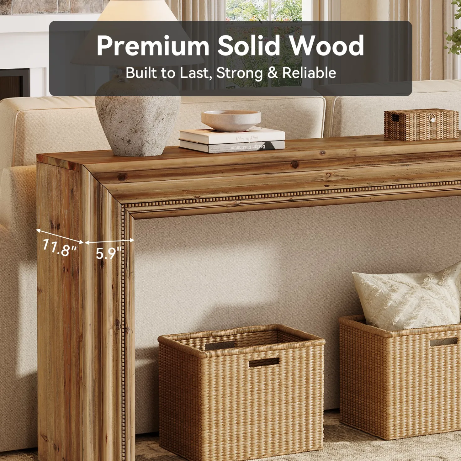 63" Solid Wood Console Table, Narrow Sofa Table Behind Couch with Sculpted Edge