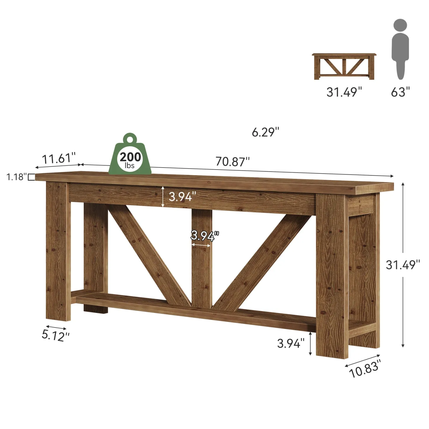 70.9" Solid Wood Console Table, 2-Tier Sofa Table Behind Couch with Storage