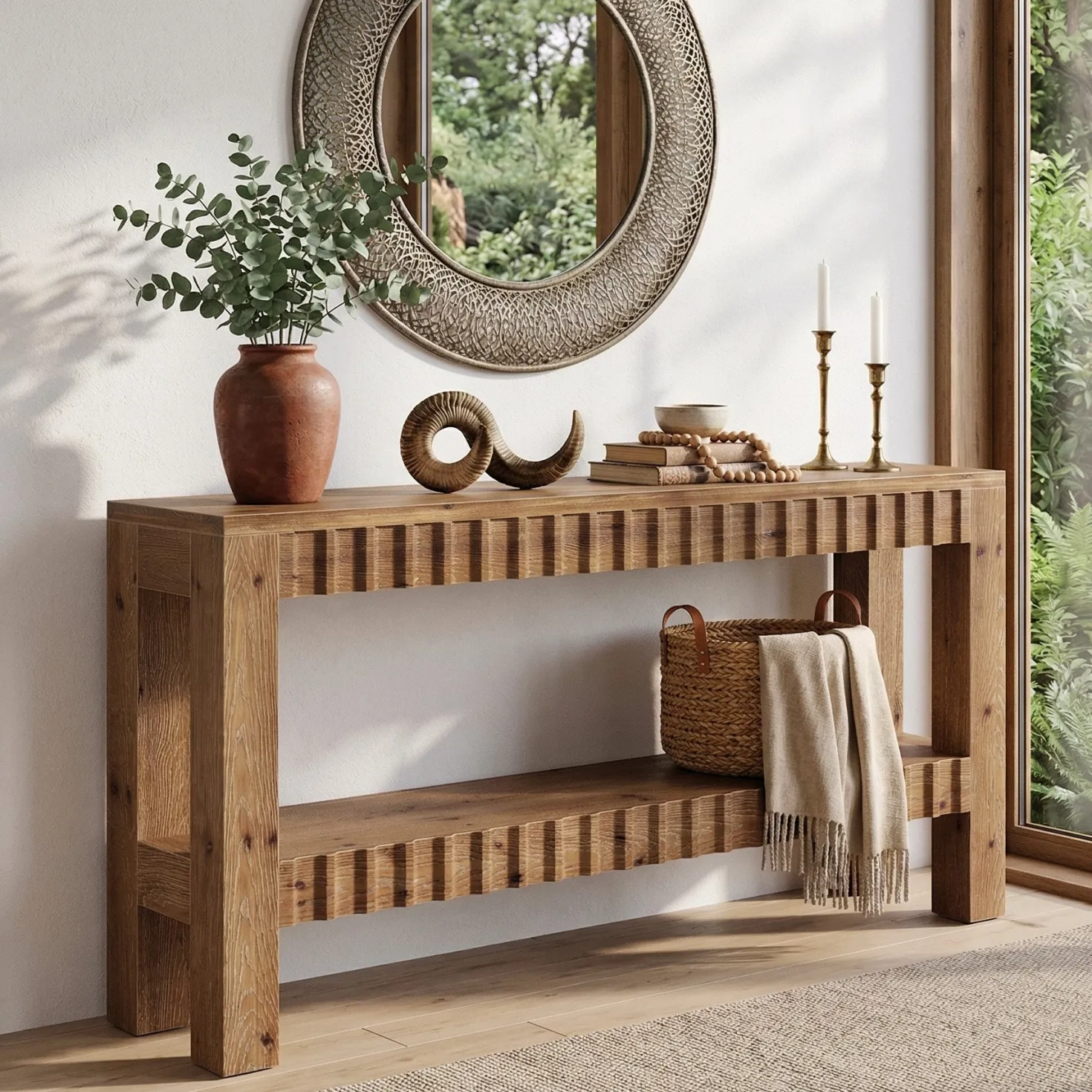 63" Solid Wood Console Table with Storage, Farmhouse Narrow Sofa & Entryway Table with 2-Tier Shelf