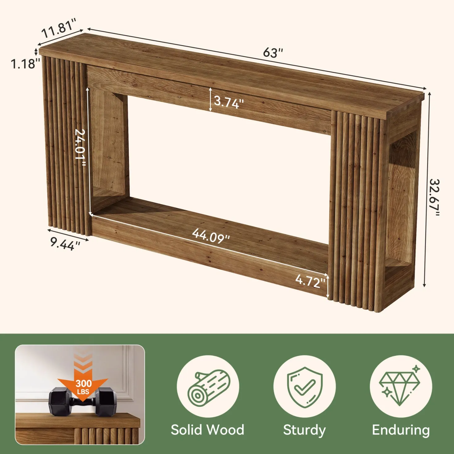 63" Solid Wood Console Table with Storage Shelf, Farmhouse Entryway Table with Fluted Legs