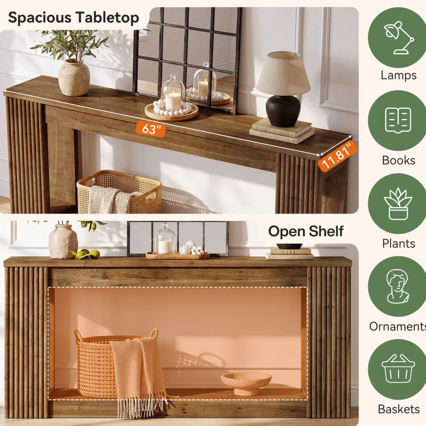 63" Solid Wood Console Table with Storage Shelf, Farmhouse Entryway Table with Fluted Legs