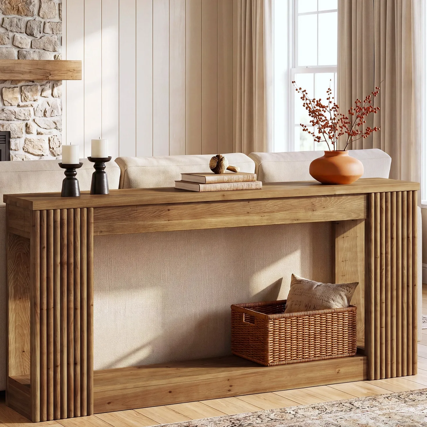 63" Solid Wood Console Table with Storage Shelf, Farmhouse Entryway Table with Fluted Legs