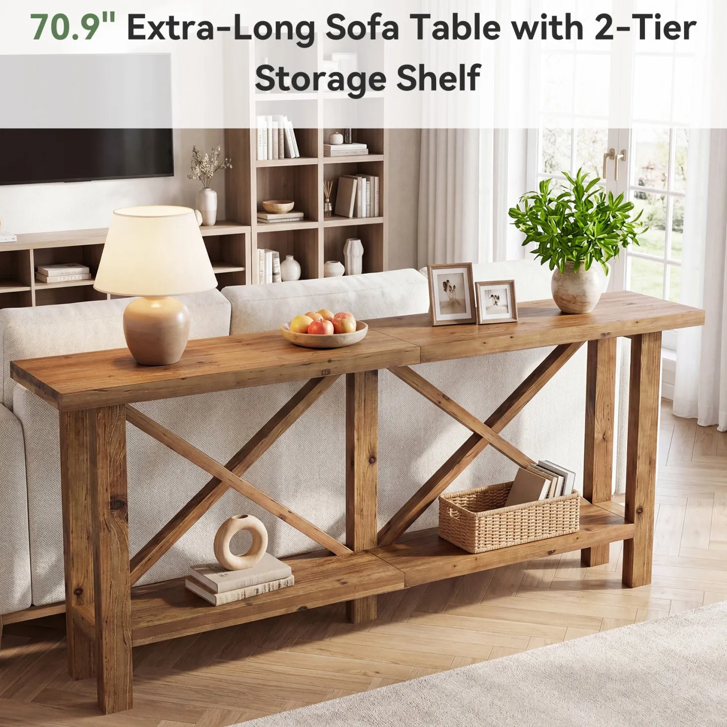 70.87" Solid Wood Console Table with Storage, Farmhouse Narrow Entryway & Sofa Table with X-Frame