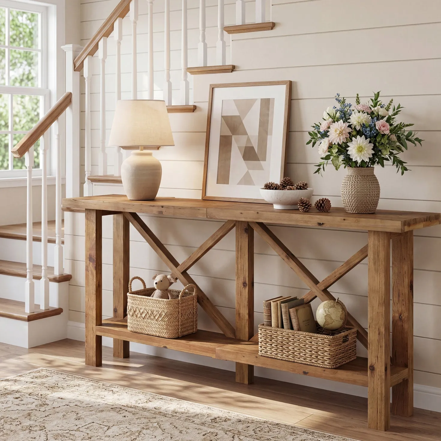 70.87" Solid Wood Console Table with Storage, Farmhouse Narrow Entryway & Sofa Table with X-Frame