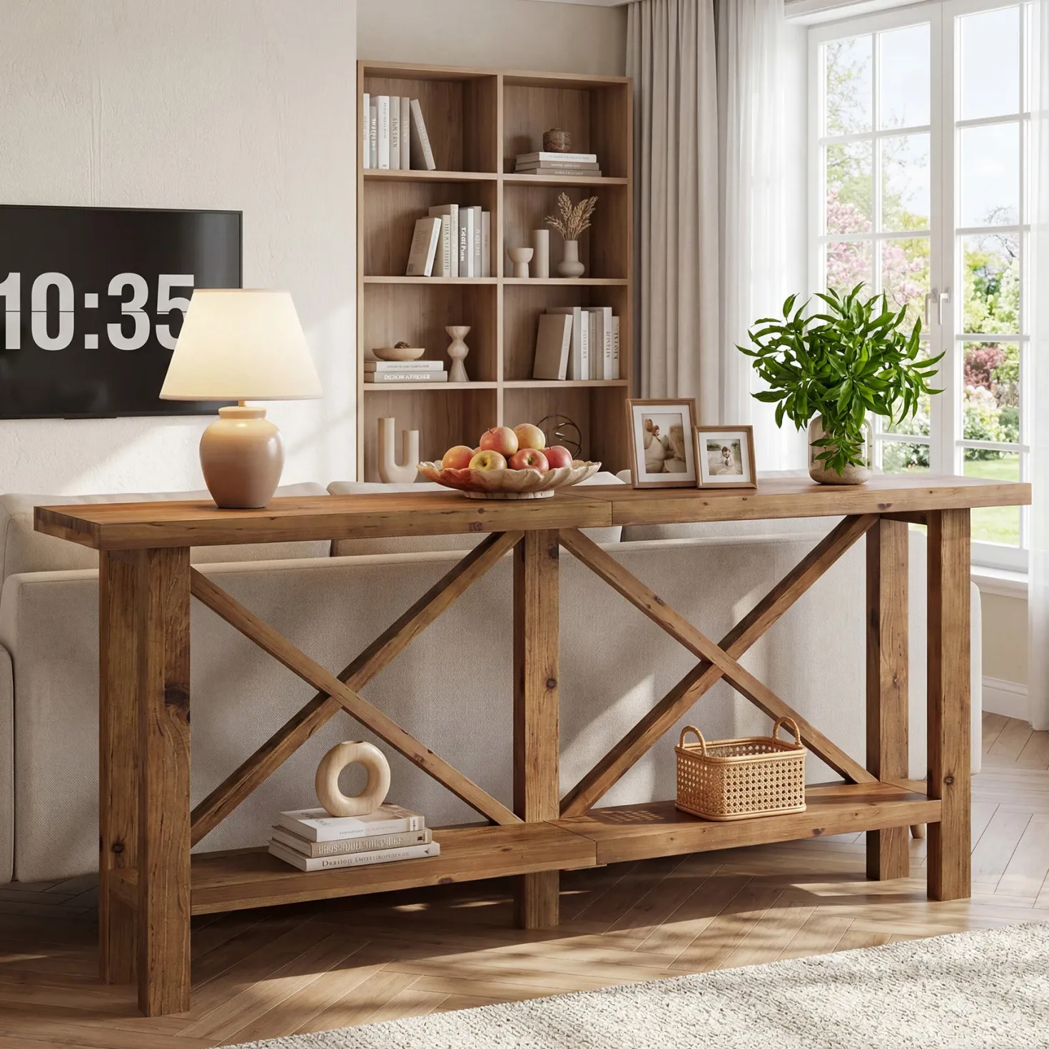 70.87" Solid Wood Console Table with Storage, Farmhouse Narrow Entryway & Sofa Table with X-Frame