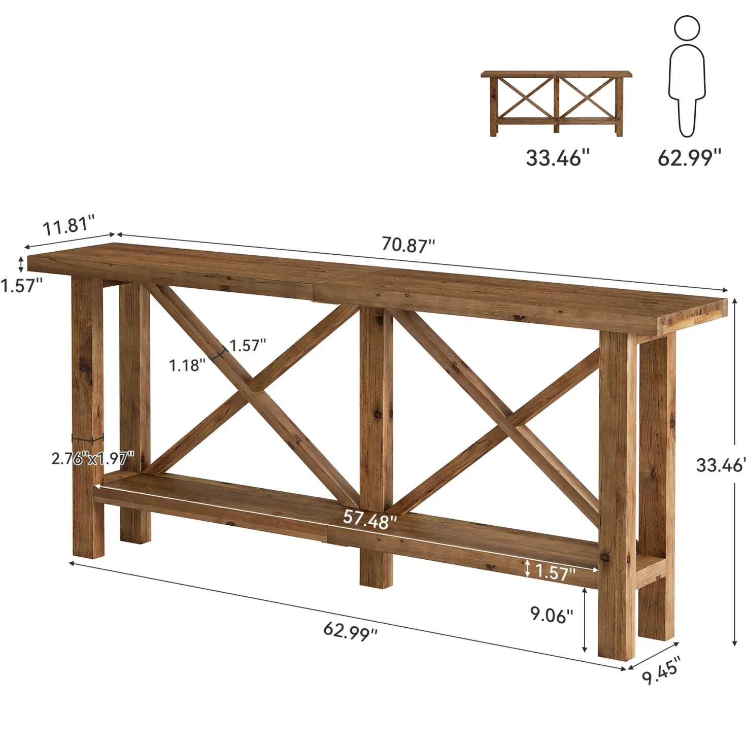70.87" Solid Wood Console Table with Storage, Farmhouse Narrow Entryway & Sofa Table with X-Frame